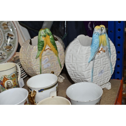 422 - A GROUP OF CERAMICS, to include two Price Kensington budgerigar vases, an S Fielding & Co beaker pri... 