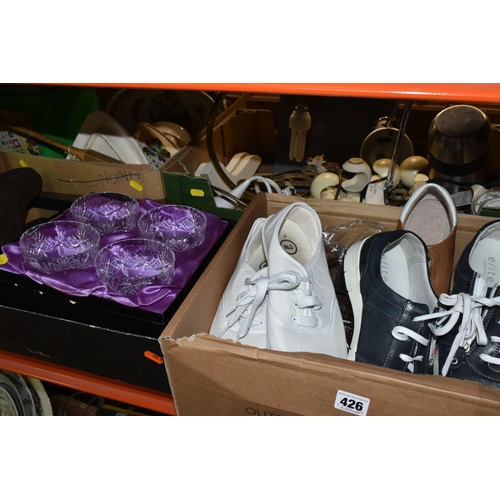 426 - FOUR BOXES AND LOOSE CERAMICS, GLASS, CLOTHING, ACCESSORIES AND SUNDRY ITEMS, to include Midwinter G... 