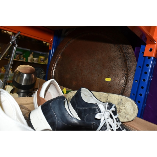 426 - FOUR BOXES AND LOOSE CERAMICS, GLASS, CLOTHING, ACCESSORIES AND SUNDRY ITEMS, to include Midwinter G... 