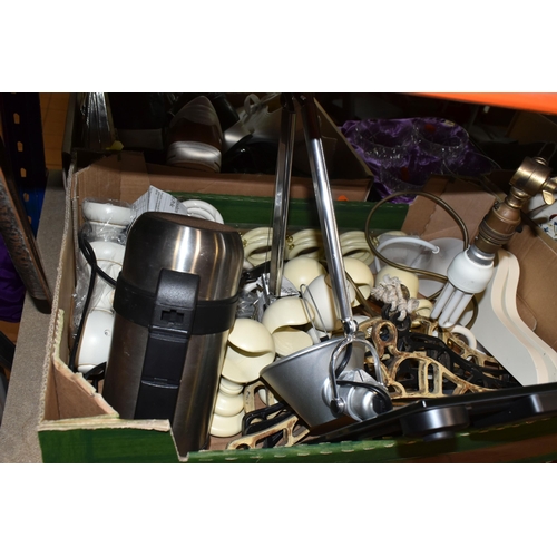 426 - FOUR BOXES AND LOOSE CERAMICS, GLASS, CLOTHING, ACCESSORIES AND SUNDRY ITEMS, to include Midwinter G... 