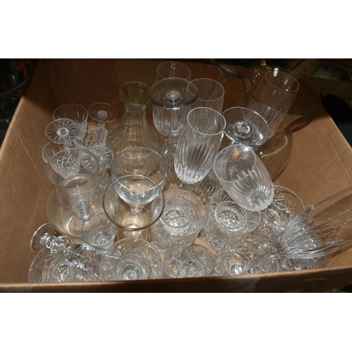 426 - FOUR BOXES AND LOOSE CERAMICS, GLASS, CLOTHING, ACCESSORIES AND SUNDRY ITEMS, to include Midwinter G... 
