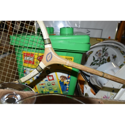 426 - FOUR BOXES AND LOOSE CERAMICS, GLASS, CLOTHING, ACCESSORIES AND SUNDRY ITEMS, to include Midwinter G... 