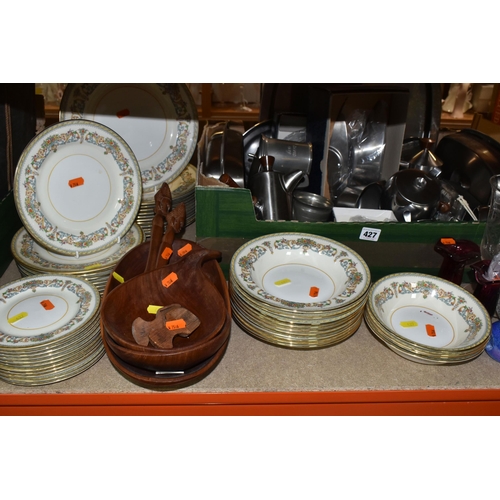 427 - A BOX AND LOOSE METAL WARE, CERAMICS, GLASS AND SUNDRY ITEMS, to include Old Hall stainless steel te... 