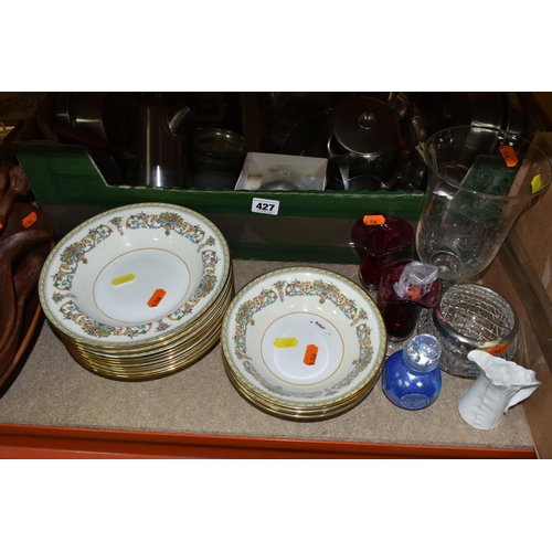 427 - A BOX AND LOOSE METAL WARE, CERAMICS, GLASS AND SUNDRY ITEMS, to include Old Hall stainless steel te... 