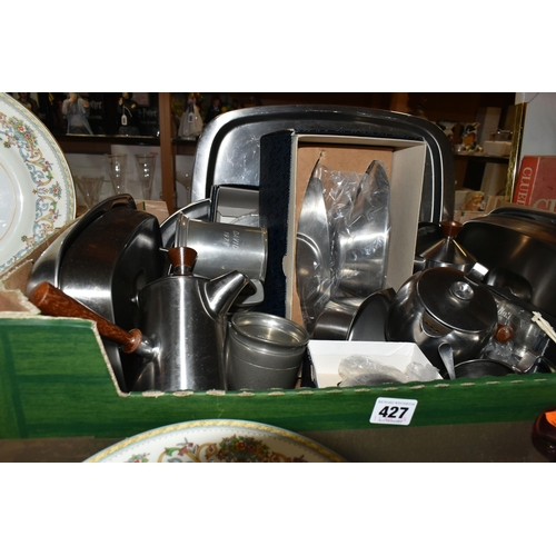 427 - A BOX AND LOOSE METAL WARE, CERAMICS, GLASS AND SUNDRY ITEMS, to include Old Hall stainless steel te... 