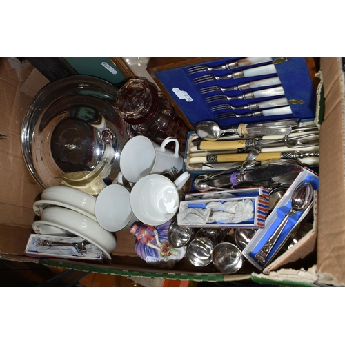 428 - A BOX OF CERAMICS, GLASS, METAL WARE AND PICTURES, to include a Royal Doulton Monica HN1467 figurine... 