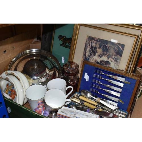 428 - A BOX OF CERAMICS, GLASS, METAL WARE AND PICTURES, to include a Royal Doulton Monica HN1467 figurine... 