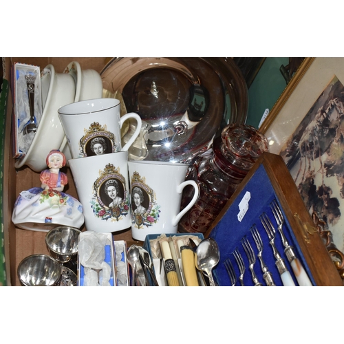 428 - A BOX OF CERAMICS, GLASS, METAL WARE AND PICTURES, to include a Royal Doulton Monica HN1467 figurine... 