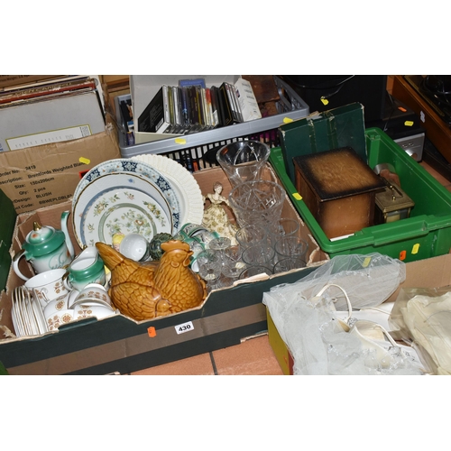 430 - SIX BOXES AND LOOSE CERAMICS, GLASS, RECORDS, BOOKS AND SUNDRY ITEMS, to include over thirty LPs and... 