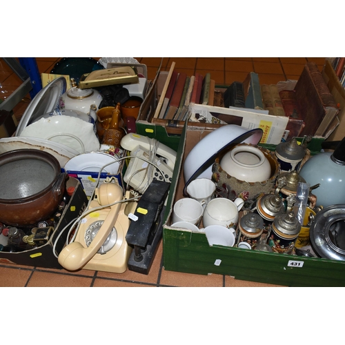 431 - FOUR BOXES AND LOOSE BOOKS, CERAMICS AND SUNDRY ITEMS, to include sixteen antiquarian and vintage bo... 