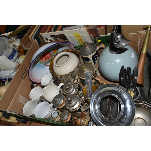 431 - FOUR BOXES AND LOOSE BOOKS, CERAMICS AND SUNDRY ITEMS, to include sixteen antiquarian and vintage bo... 