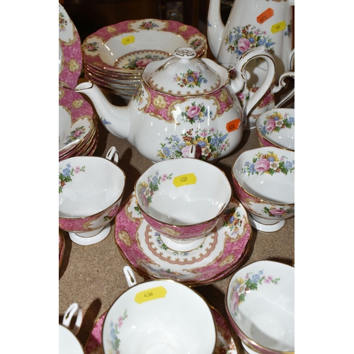 436 - A ROYAL ALBERT 'LADY CARLYLE' SIX PLACE PART DINNER SERVICE, comprising tea cups and saucers, coffee... 