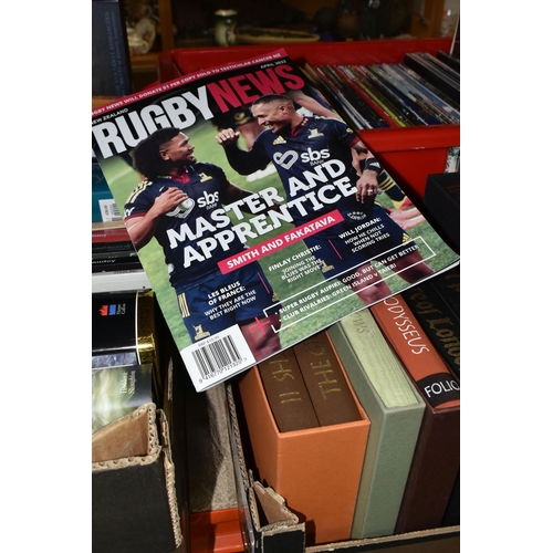 438 - FIVE BOXES OF BOOKS & MAGAZINES containing over 100 miscellaneous titles in hardback and paperback f... 