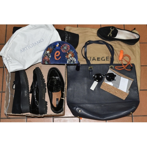 439 - LADIES' CLOTHING, ACCESSORIES ETC, comprising a Jaeger blue leather handbag, approximate size 32cm h... 