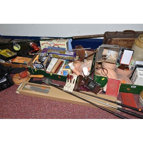 503 - THREE BOXES OF MISCELLANEOUS SUNDRIES, to include a stoneware jar and stoneware Mc Callum's Scots Wh... 