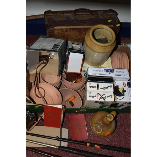 503 - THREE BOXES OF MISCELLANEOUS SUNDRIES, to include a stoneware jar and stoneware Mc Callum's Scots Wh... 