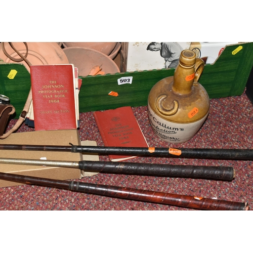 503 - THREE BOXES OF MISCELLANEOUS SUNDRIES, to include a stoneware jar and stoneware Mc Callum's Scots Wh... 