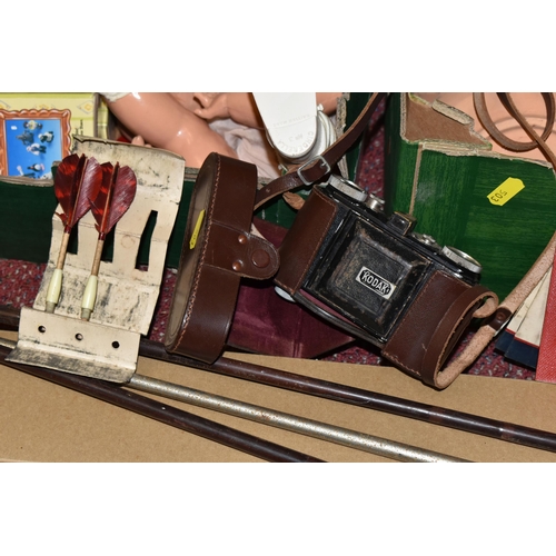 503 - THREE BOXES OF MISCELLANEOUS SUNDRIES, to include a stoneware jar and stoneware Mc Callum's Scots Wh... 
