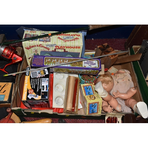 503 - THREE BOXES OF MISCELLANEOUS SUNDRIES, to include a stoneware jar and stoneware Mc Callum's Scots Wh... 