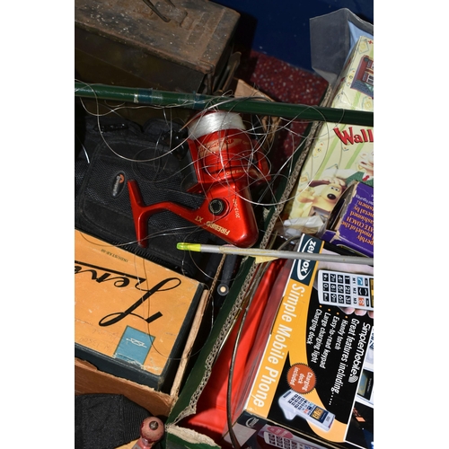 503 - THREE BOXES OF MISCELLANEOUS SUNDRIES, to include a stoneware jar and stoneware Mc Callum's Scots Wh... 