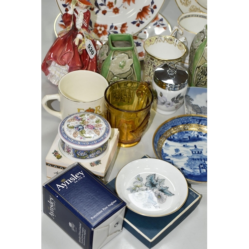 530 - A GROUP OF CERAMICS AND GLASS WARE, to include a pair of Doulton Lambeth vases with relief moulded p... 