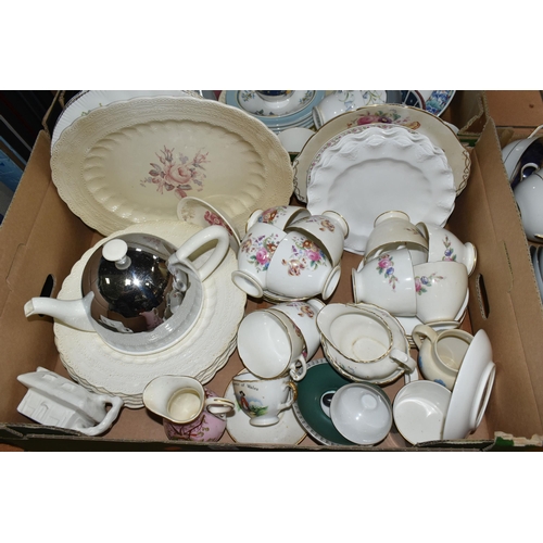 532 - THREE BOXES OF TEA AND DINNER WARE, to include a fifteen piece Coalport Junetime tea set, six Copela... 