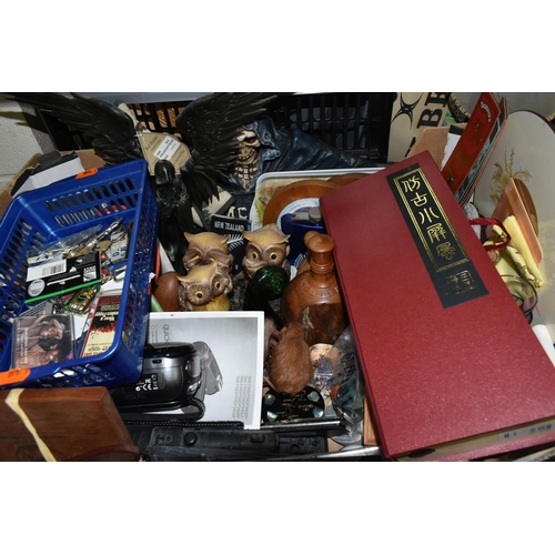 536 - THREE BOXES AND LOOSE SOUVENIR ITEMS, ORNAMENTS, HATS AND SUNDRY ITEMS, to include Rugby World Cup 2... 