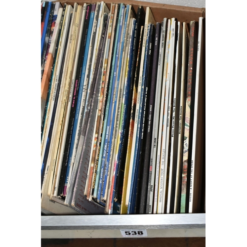 538 - A BOX OF RECORDS AND A FRAMED PRINT, comprising fifty eight LPs including Queen A Night at the Opera... 