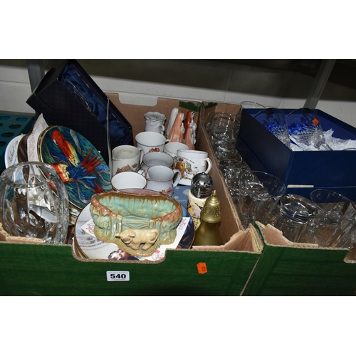 540 - TWO BOXES AND LOOSE CERAMICS AND GLASS WARE, to include a boxed pair of Stuart Crystal champagne flu... 