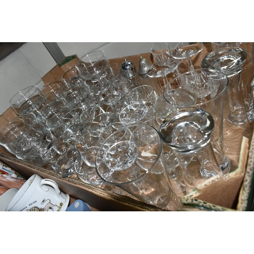 540 - TWO BOXES AND LOOSE CERAMICS AND GLASS WARE, to include a boxed pair of Stuart Crystal champagne flu... 