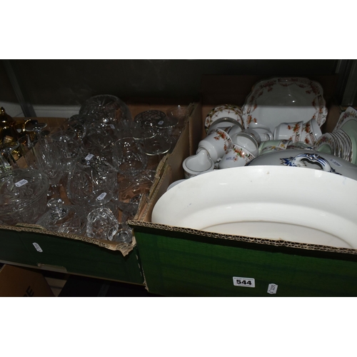 544 - THREE BOXES OF CERAMICS AND GLASS WARE, to include a Beswick salad ware bowl with tomato feet, vario... 