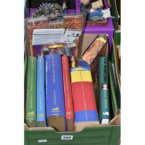 550 - A BOX AND LOOSE HARRY POTTER BOOKS, CD, GAME AND FIGURES, comprising the first four Harry Potter boo... 