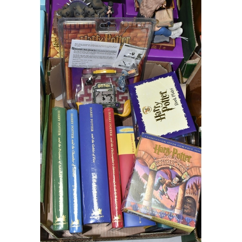 550 - A BOX AND LOOSE HARRY POTTER BOOKS, CD, GAME AND FIGURES, comprising the first four Harry Potter boo... 