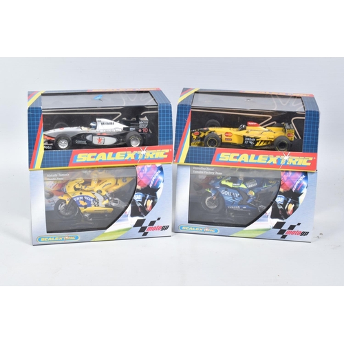 24 - A QUANTITY OF BOXED AND UNBOXED SCALEXTRIC CARS AND MOTORBIKES, boxed McLaren Mercedes MP4/10, RN10 ... 