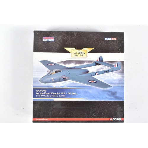 34 - THREE BOXED CORGI AVIATION ARCHIVE 1/72 SCALE LIMITED EDITION DE HAVILLAND VAMPIRE MODELS, FB Mk.5, ... 