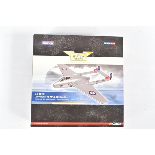 34 - THREE BOXED CORGI AVIATION ARCHIVE 1/72 SCALE LIMITED EDITION DE HAVILLAND VAMPIRE MODELS, FB Mk.5, ... 