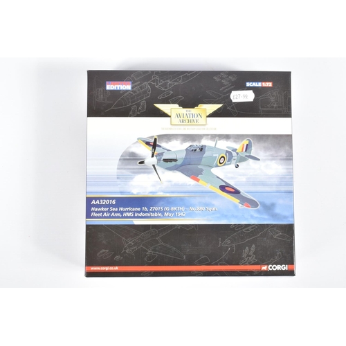 36 - THREE BOXED CORGI AVIATION ARCHIVE 1/72 SCALE LIMITED EDITION AIRCRAFT MODELS, Hawker Sea Hurricane ... 