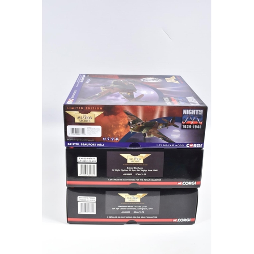 38 - THREE BOXED CORGI AVIATION ARCHIVE 1/72 SCALE LIMITED EDITION BRISTOL AIRCRAFT MODELS, WWII Night Ai... 