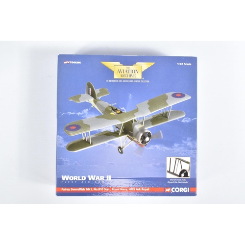 51 - FOUR BOXED 1:72 SCALE CORGI AVIATION ARCHIVE DIECAST MODEL AIRCRAFTS, the first a Gloster Sea Gladia... 