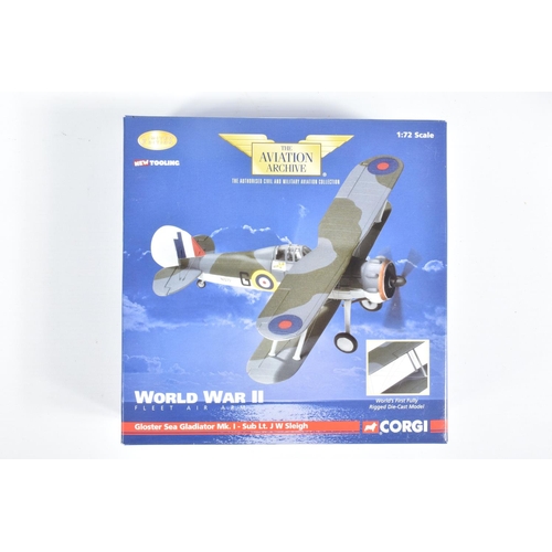 51 - FOUR BOXED 1:72 SCALE CORGI AVIATION ARCHIVE DIECAST MODEL AIRCRAFTS, the first a Gloster Sea Gladia... 