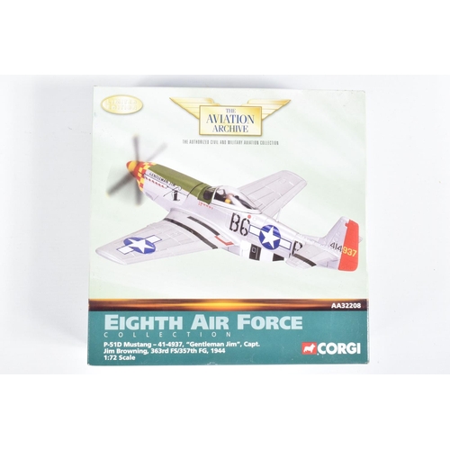 52 - THREE BOXED 1:72 SCALE CORGI AVIATION ARCHIVE DIECAST MODEL AIRCRAFTS, the first a N.A P-51D Mustang... 