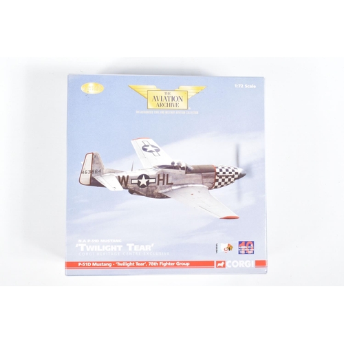 52 - THREE BOXED 1:72 SCALE CORGI AVIATION ARCHIVE DIECAST MODEL AIRCRAFTS, the first a N.A P-51D Mustang... 