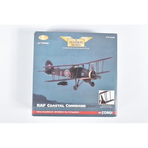 53 - THREE BOXED 1:72 SCALE CORGI AVIATION ARCHIVE DIECAST MODEL AIRCRAFTS, the first is a Gloster Gladia... 