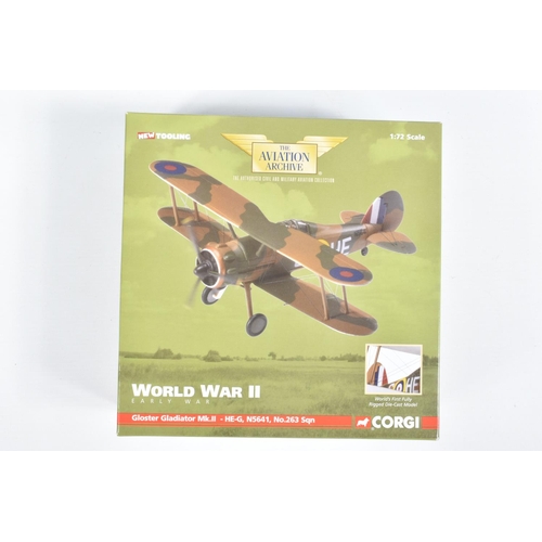 53 - THREE BOXED 1:72 SCALE CORGI AVIATION ARCHIVE DIECAST MODEL AIRCRAFTS, the first is a Gloster Gladia... 