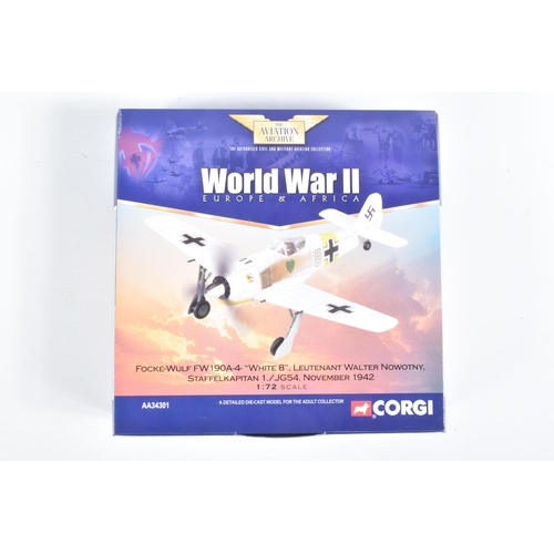 54 - FIVE BOXED 1:72 SCALE CORGI WORLD WAR II EUROPE AND AFRICA AVIATION ARCHIVE DIECAST MODEL AIRCRAFTS,... 