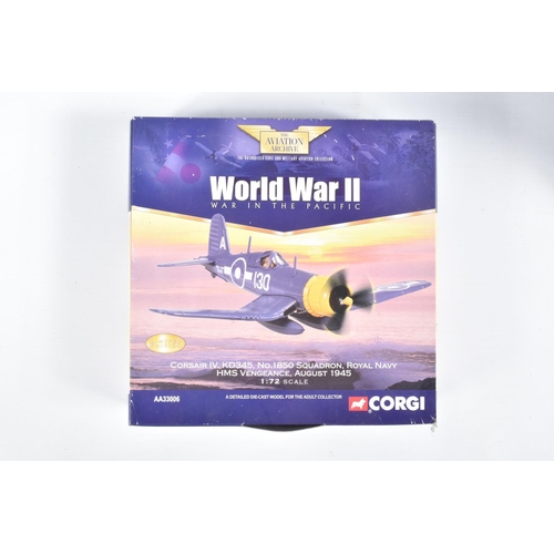 62 - FIVE BOXED CORGI AVIATION ARCHIVE DIECAST MODEL AIRCRAFTS, the first a 1:72 scale Corsair IV, number... 