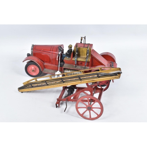 63 - A JEP TINPLATE DELAHAYE FIRE TRUCK, No.7390, 1920's French, with detachable extending ladder to rear... 