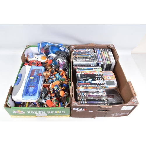 67 - TWO BOXES OF DVDS, COMPUTER EQUIPMENT AND GAMING TOYS, to include PS3 games Skylanders Swap Force an... 