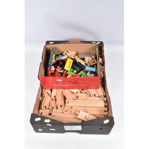 68 - A QUANTITY OF UNBOXED AND ASSORTED PLAYWORN WOODEN PUSH ALONG RAILWAY ITEMS, locomotives, rolling st... 