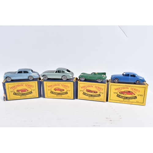 72 - FOUR BOXED MOKO LESNEY MATCHBOX SERIES BRITISH SPORTS, RACING AND LUXURY CAR MODELS, Jaguar D Type, ... 